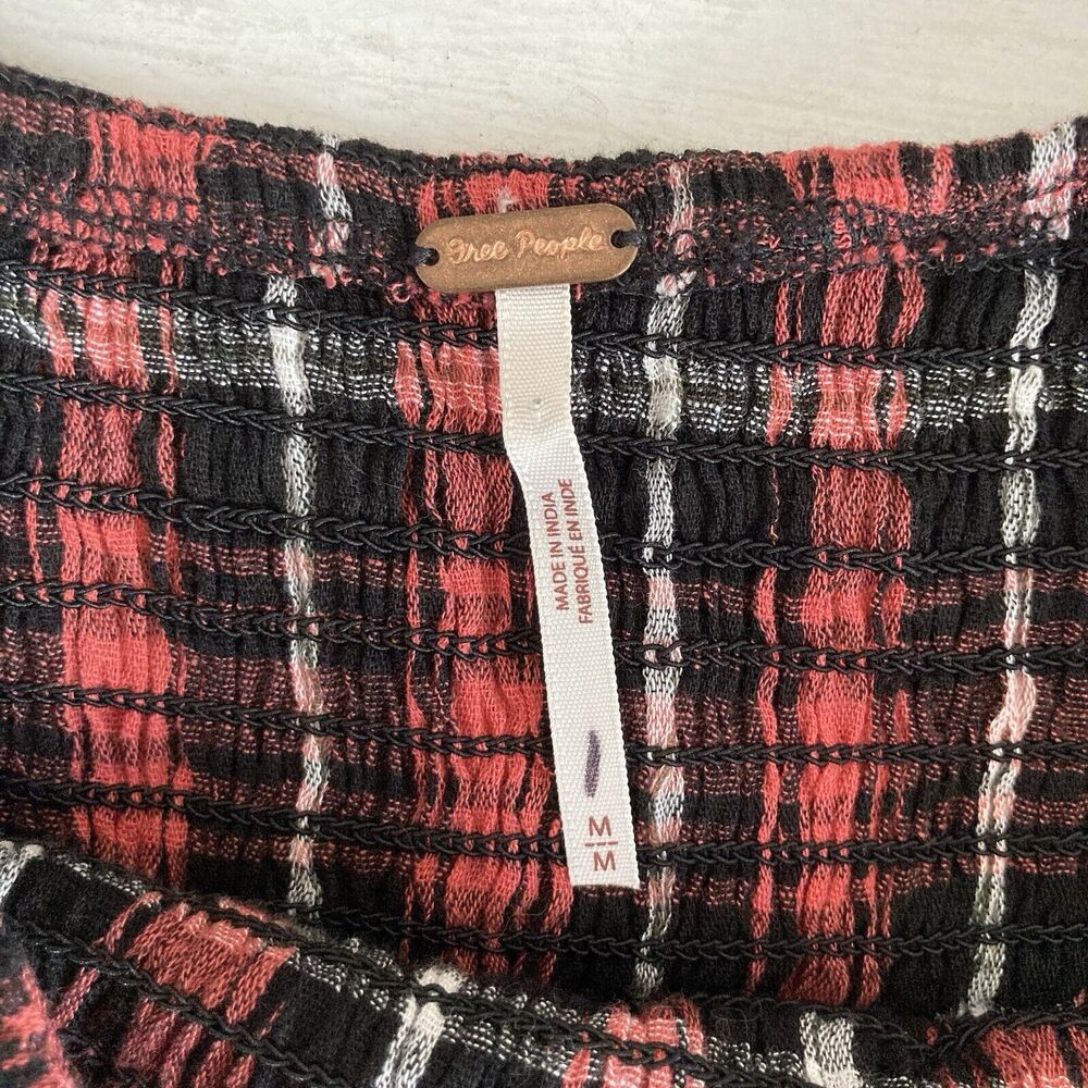 Free People Nicole Smocked Plaid Top Red Black Cropped Open Back Size Medium - Picture 10 of 11